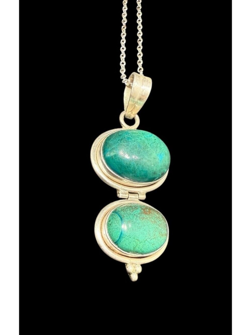 925 Turquoise Oval Cabochon Dangle Pendant Sterling Silver Chain Necklace 16”